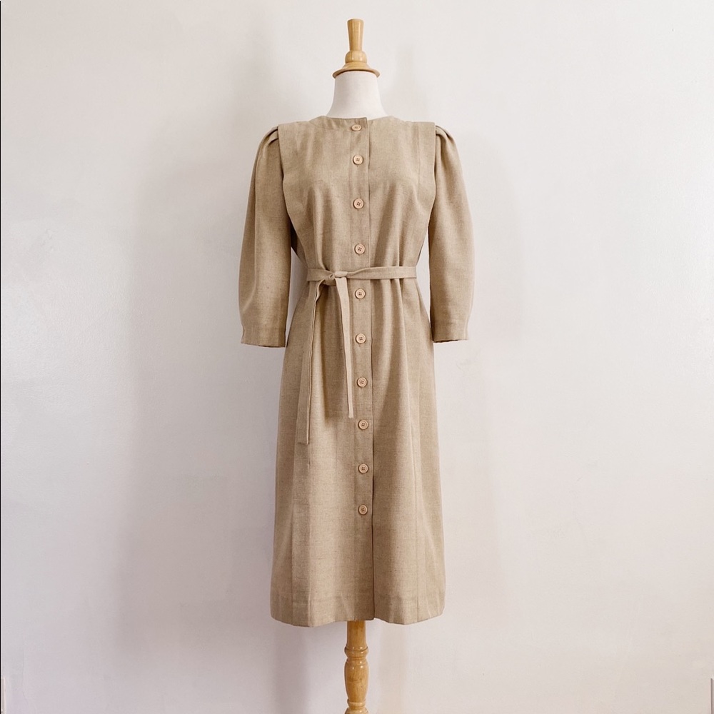 Vintage 80s R&K Originals Tan Button Front Shift Dress with Tie Belt Size Medium